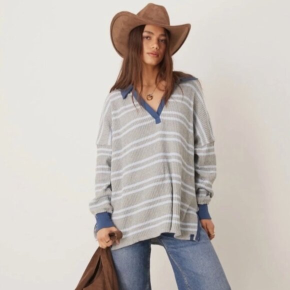 Free People We The Free Striped Travis Polo Tee Sz M Heather Grey Combo - Picture 4 of 9